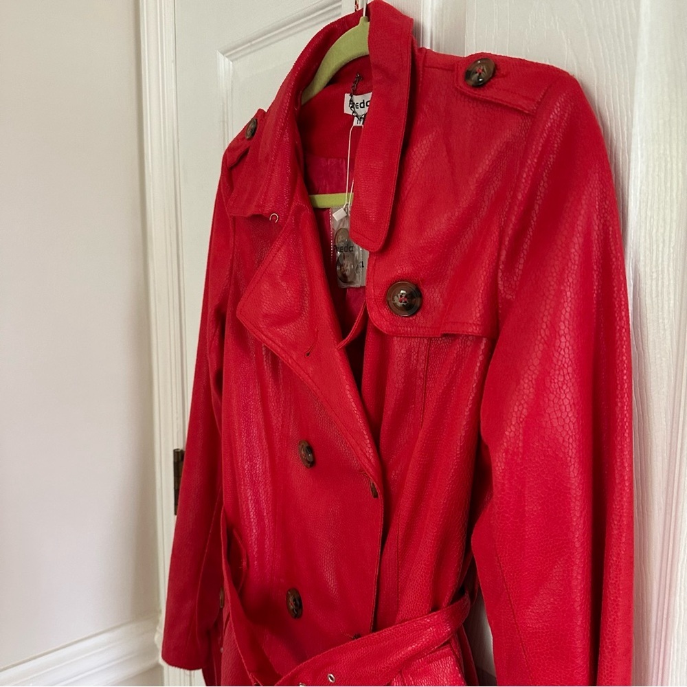 Freda Red Faux Leather Trench Coat - Picture 3 of 6
